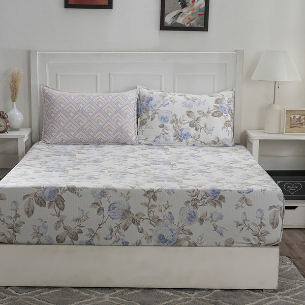 Optimist Bloom 300 TC Roseen 100% Cotton Printed Fitted Sheet With Pillow Cover