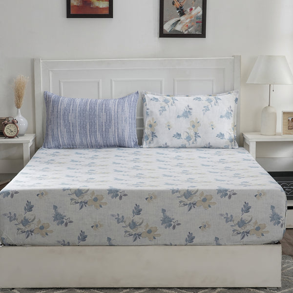 Optimist Bloom 300 TC Everly 100% Cotton Printed Fitted Sheet With Pillow Cover