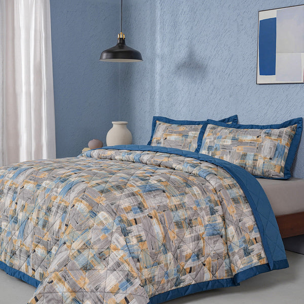 Whimsy Nature Brush Strokes 300GSM Quilt/Quilted Bed Cover Blue