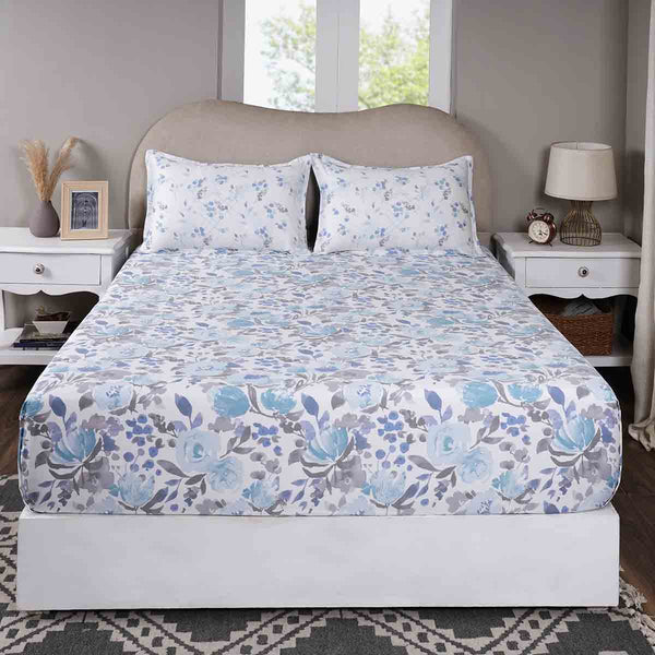 Sensory Bloom Florencia 100% Cotton Blue Fitted Sheet with Pillow Case