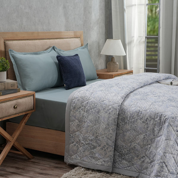 PBS Refined Retro Nouvel Damask 6PC Quilt/Quilted Bed Cover Set Blue