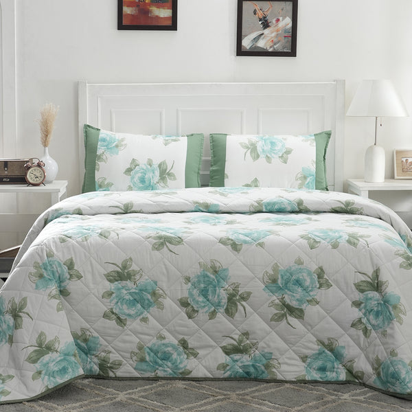 Royal Botanic Turning Rose Aqua 4PC Quilt/Quilted Bed Cover Set