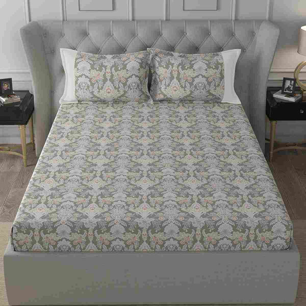 Regency Dark Flora Printed 210TC 100 %Cotton Neutral Bed Sheet with Pillow Case