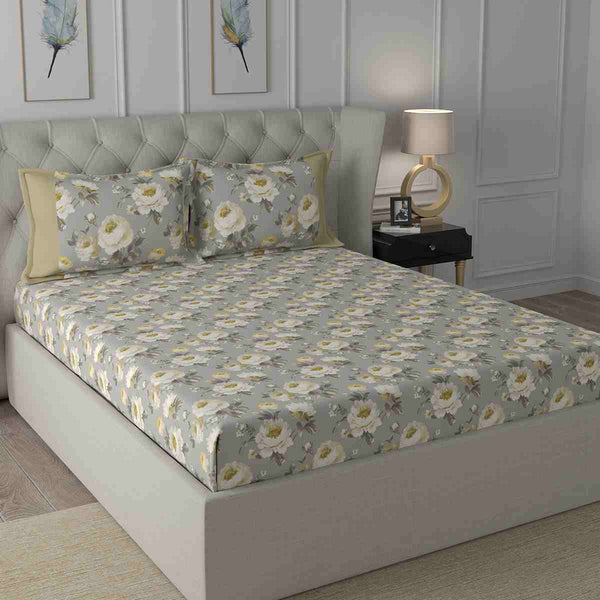 Regency Bouquet Printed 210TC 100 %Cotton Yellow Bed Sheet with Pillow Case