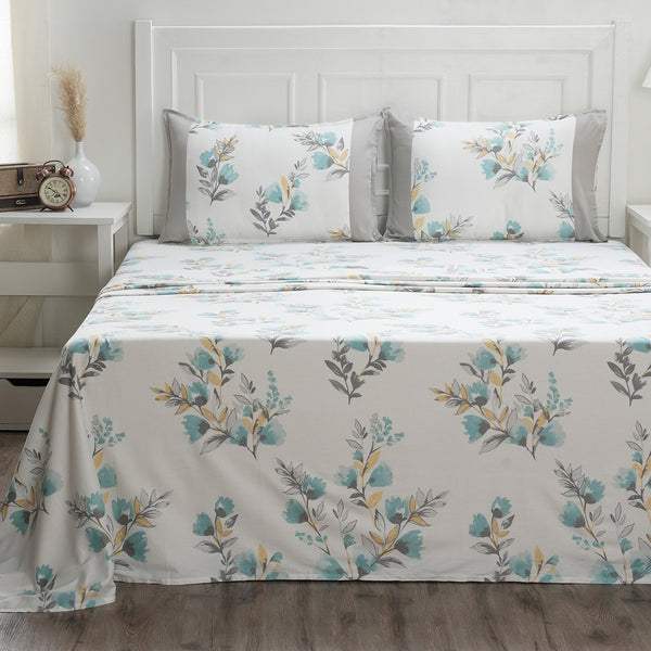 Royal Botanic 200 TC Painted Floral Blue 100% Cotton Bed Sheet With Pillow Case