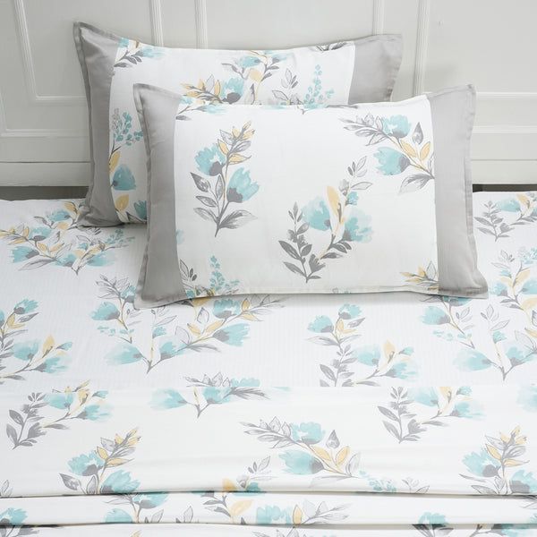 Royal Botanic 200 TC Painted Floral Blue 100% Cotton Bed Sheet With Pillow Case