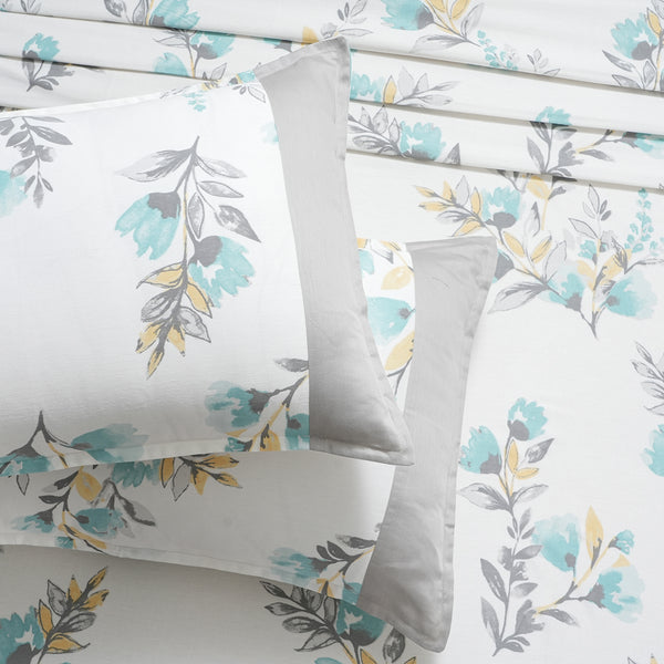 Royal Botanic 200 TC Painted Floral Blue 100% Cotton Bed Sheet With Pillow Case