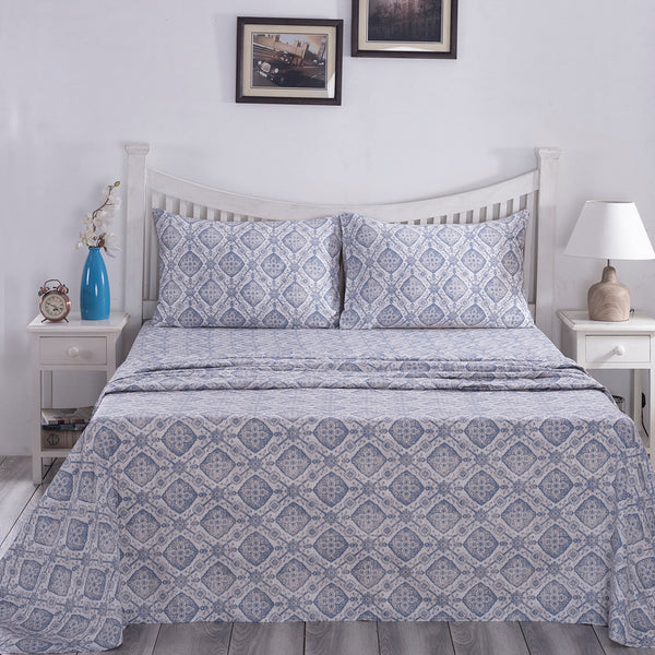 PBS Nomad Scuplt Harold Printed 100% Cotton Blue Soft Bed Sheet