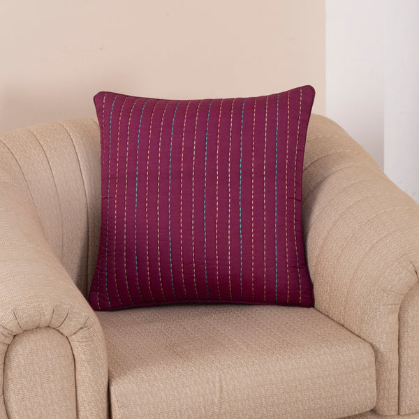 Folklore Transition Recurring Stripes Fabric 100% Cotton Filling 100% Polyester Red Hand Embroidered Quilted Cushion Cover