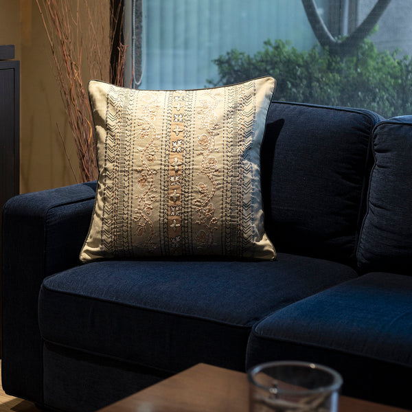 Nostalgic Attire Figure Outline Blue Printed & Embroidered Cushion Cover