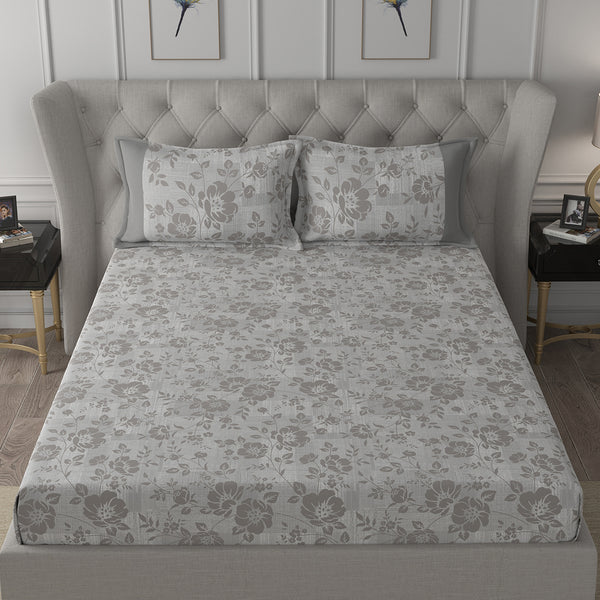 Backyard Patio Textured Floral Printed 100%Cotton Brown Bed Sheet with Pillow Case