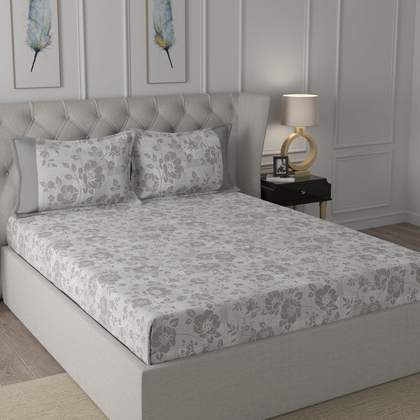 Backyard Patio Textured Floral Printed 100%Cotton Brown Bed Sheet with Pillow Case