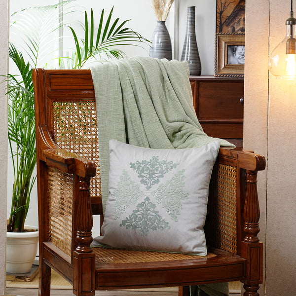 Tranquil Essence Scrollable Tatting Embroidered Viscose Blend Beige Cushion Cover