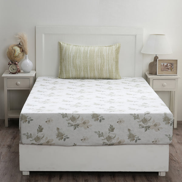 Optimist Bloom 300 TC Everly 100% Cotton Printed Fitted Sheet With Pillow Cover