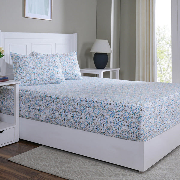 Hermosa Sensory Bloom Avery 100% Cotton Printed Fitted Sheet with Pillow Case Blue