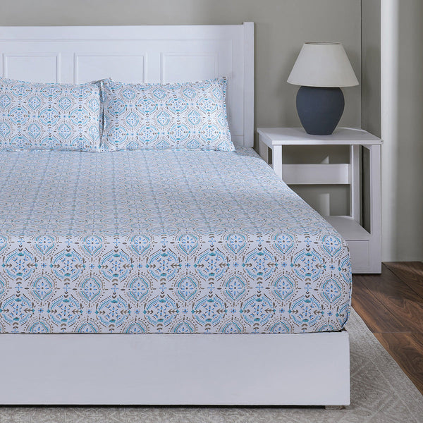 Hermosa Sensory Bloom Avery 100% Cotton Printed Fitted Sheet with Pillow Case Blue