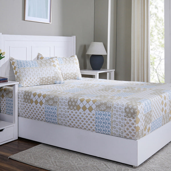 Hermosa Sensory Bloom Lennon 100% Cotton Printed Fitted Sheet with Pillow Case Blue