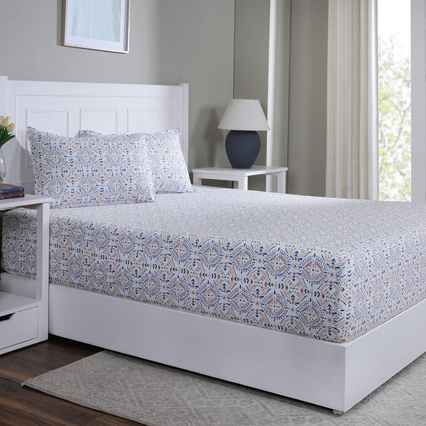 Hermosa Sensory Bloom Avery 100% Cotton Printed Fitted Sheet with Pillow Case Blue