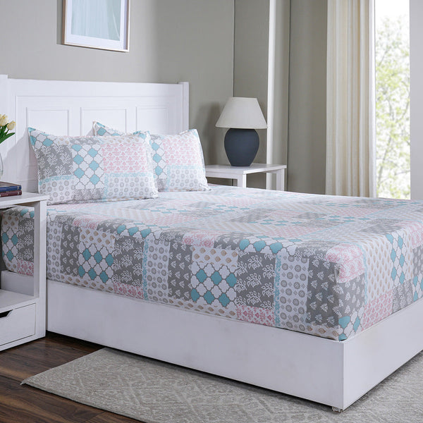 Hermosa Sensory Bloom Lennon 100% Cotton Printed Fitted Sheet with Pillow Case Blue