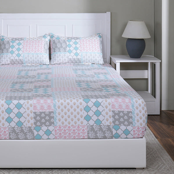 Hermosa Sensory Bloom Lennon 100% Cotton Printed Fitted Sheet with Pillow Case Blue
