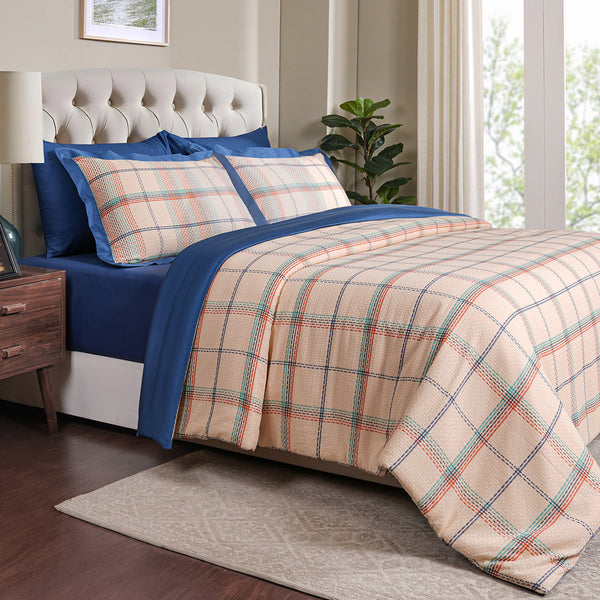 Eclectic Geo Mosaic Plaid Woven 100% Cotton Rust Duvet Cover with Pillow Case
