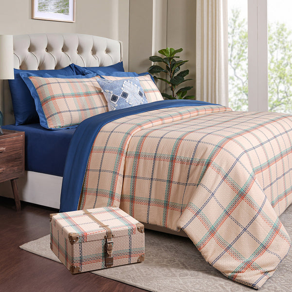 Eclectic Geo Mosaic Plaid Woven 100% Cotton Rust 8 pcs Duvet Cover Set