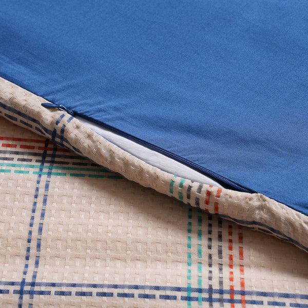 Eclectic Geo Mosaic Plaid Woven 100% Cotton Blue 8 pcs Duvet Cover Set