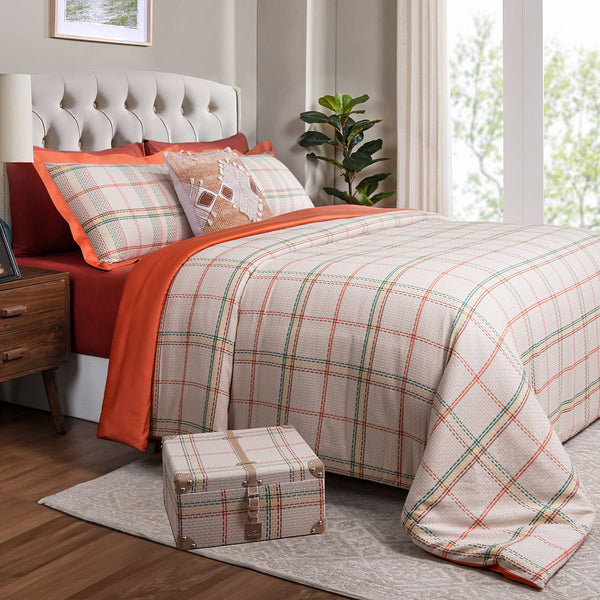 Eclectic Geo Mosaic Plaid Woven 100% Cotton Blue 8 pcs Duvet Cover Set