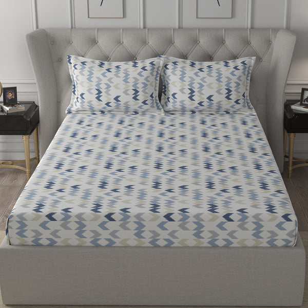 Inhouse Ardour Ingrid Printed 200 TC 100% Cotton Blue Bed Sheet with Pillow Case