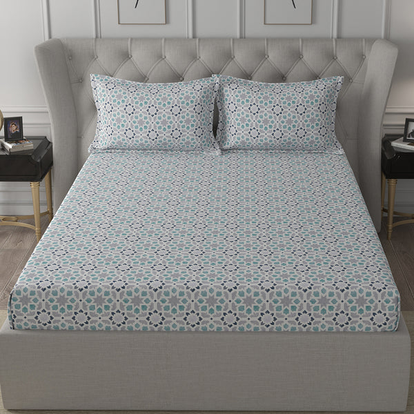 Inhouse Ardour Darien Printed 200 TC 100% Cotton Blue Bed Sheet with Pillow Case
