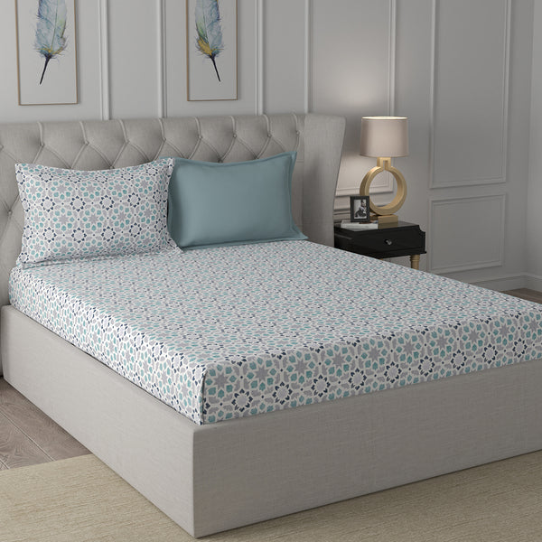 Inhouse Ardour Darien Printed 200 TC 100% Cotton Blue Bed Sheet with Pillow Case