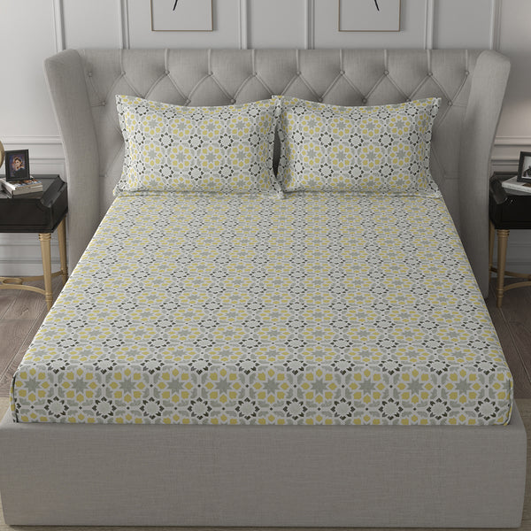 Inhouse Ardour Darien Printed 200 TC 100% Cotton Gold Bed Sheet with Pillow Case
