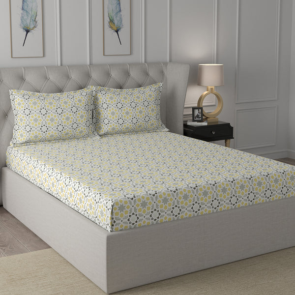 Inhouse Ardour Darien Printed 200 TC 100% Cotton Gold Bed Sheet with Pillow Case