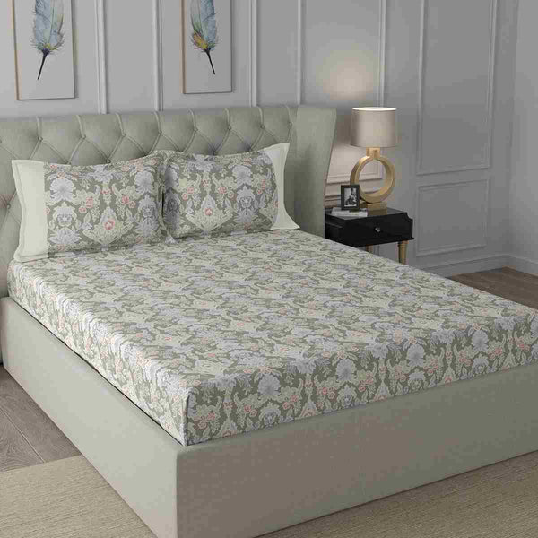 Regency Dark Flora Printed 210TC 100 %Cotton Neutral Bed Sheet with Pillow Case