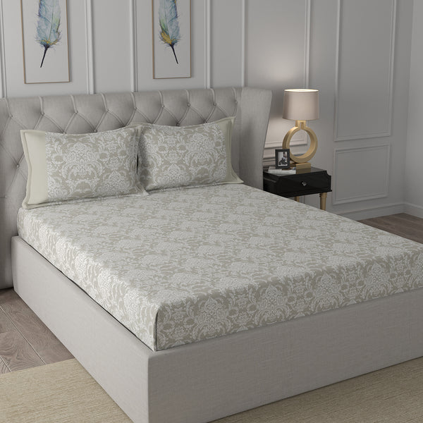 Hermosa Exotic Bouquet Damask Floral Grey Bed Sheet with Pillow Case