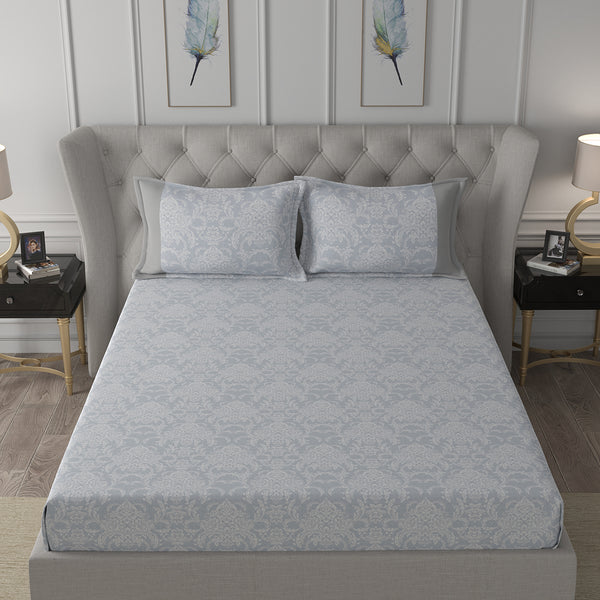 Hermosa Exotic Bouquet Damask Floral Grey Bed Sheet with Pillow Case