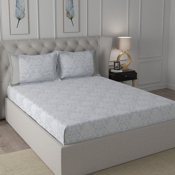 Hermosa Exotic Bouquet Damask Floral Neutral Bed Sheet with Pillow Case