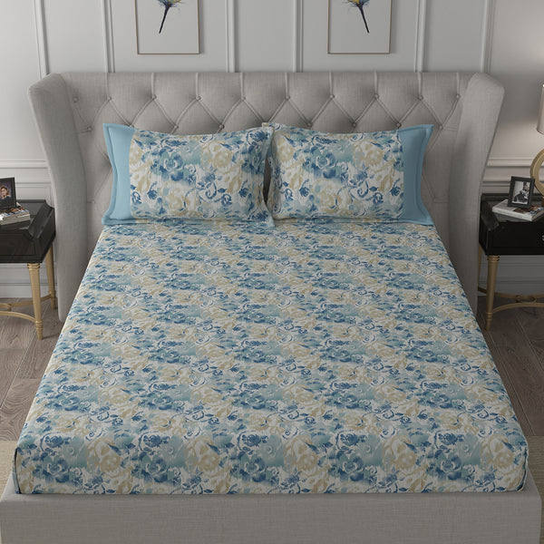 Backyard Patio Meridian Printed 100%Cotton Blue Bed Sheet with Pillow Case