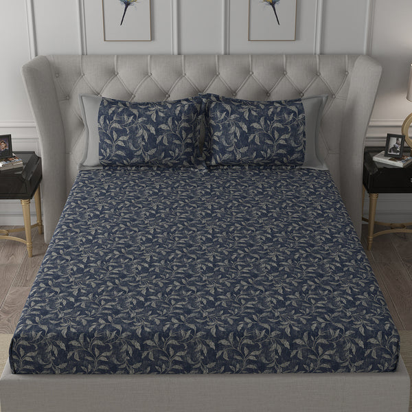 Backyard Patio Rustic Leaf Printed 100%Cotton Blue Bed Sheet with Pillow Covers