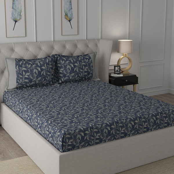 Backyard Patio Rustic Leaf Printed 100%Cotton Grey Bed Sheet with Pillow Covers