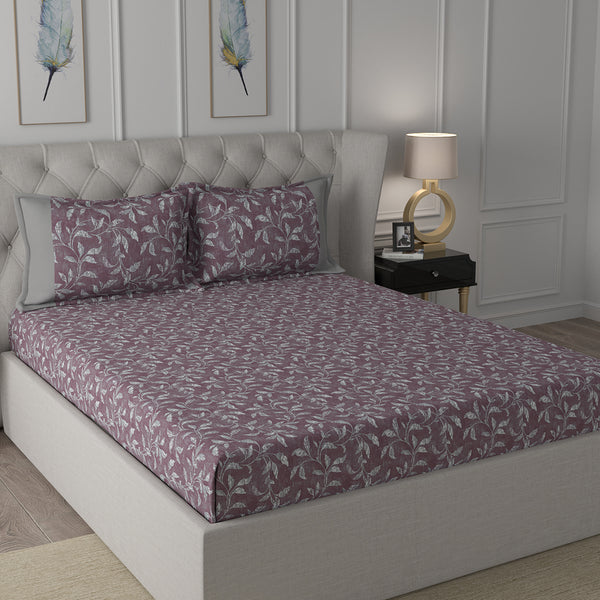 Backyard Patio Rustic Leaf Printed 100%Cotton Grey Bed Sheet with Pillow Covers