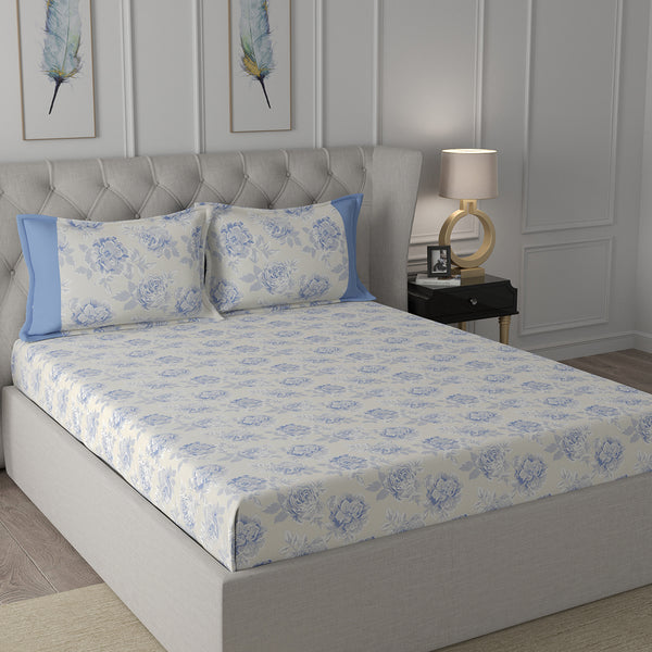 Backyard Patio Silvie Printed 100%Cotton Blue Bed Sheet with Pillow Case