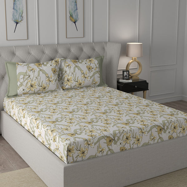 Backyard Patio Valencia Printed 100%Cotton Yellow Bed Sheet with Pillow Case