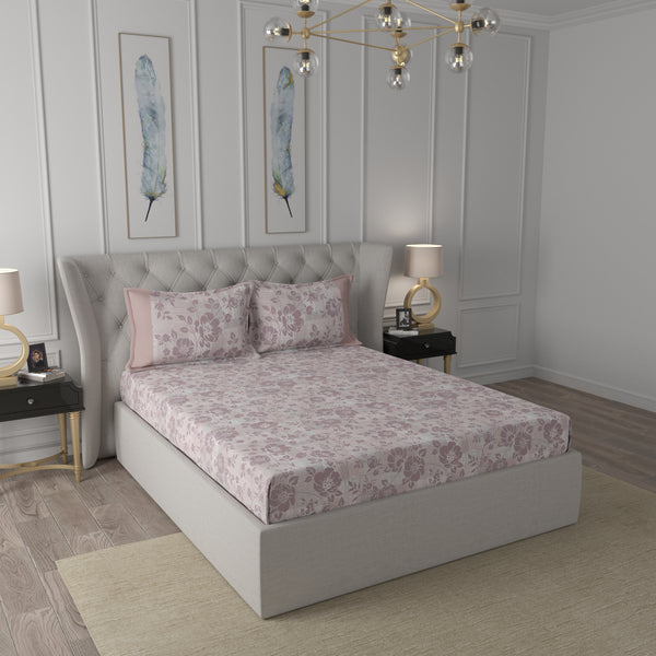 Tranquil Serenity Textured Floral 100%Cotton Printed Bed Sheet with Pillow Case Peach