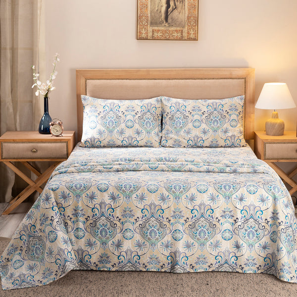 Nouveau Tradition Lawn Rerun Blue Bed Sheet with Pillow Case