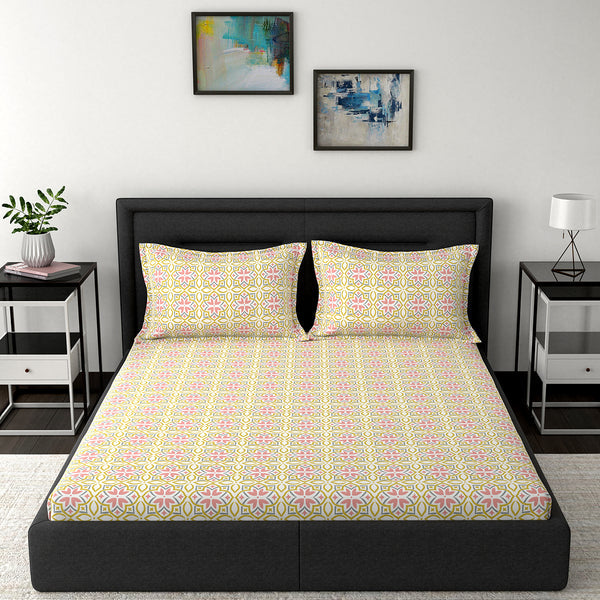 Modern Sanctuary Azur Printed 200 TC 100% Cotton Orange Bed Sheet with Pillow Case