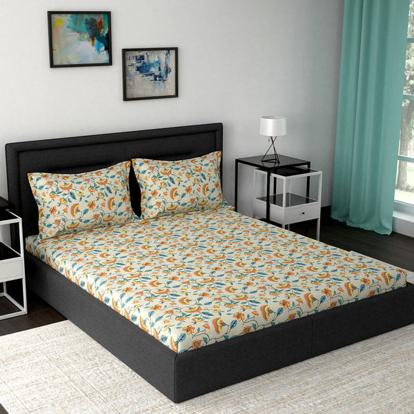 Modern Sanctuary Boho Floral Printed 144 TC 100% Cotton Orange Bed Sheet with Pillow Case