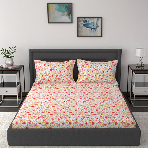 Modern Sanctuary Ethnic Scroll Printed 200 TC 100% Cotton Red Bed Sheet with Pillow Case