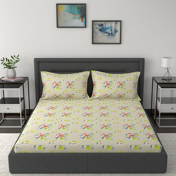 Modern Sanctuary Floral Banquet Printed 200 TC 100% Cotton Beige Bed Sheet with Pillow Case