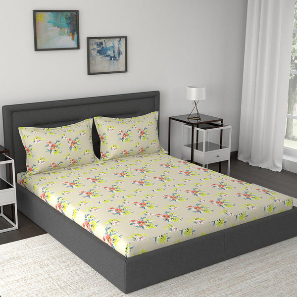 Modern Sanctuary Floral Banquet Printed 200 TC 100% Cotton Beige Bed Sheet with Pillow Case